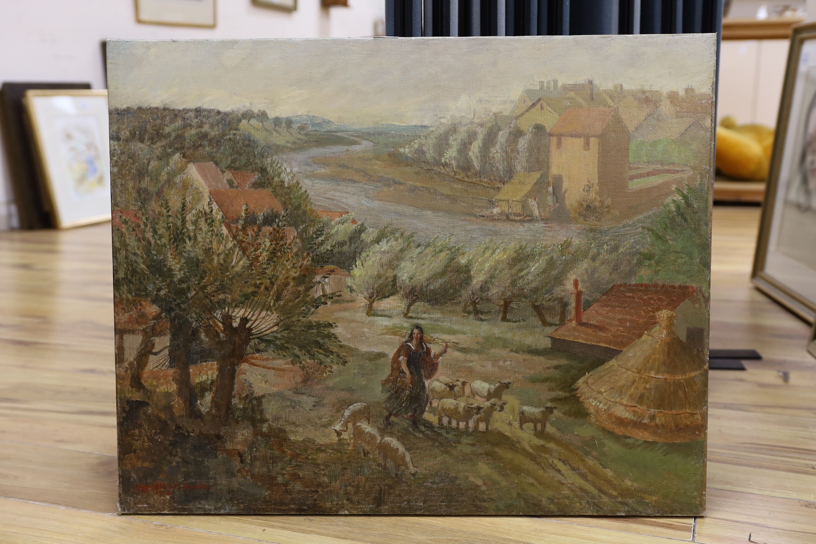 Reginald St. Clair Marston (1886-1943), oil on canvas, Shepherdess in a landscape, signed and dated 1932, 58 x 73cm, unframed